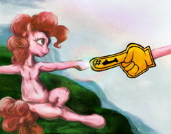 Size: 1534x1204 | Tagged: safe, alternate version, artist:dungeonxdrugs, artist:miradge, derpibooru import, pinkie pie, earth pony, pony, g4, armpits, female, fine art parody, foam finger, mare, pinkie being pinkie, solo, the creation of adam