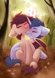 Size: 2893x4092 | Tagged: safe, artist:kebchach, derpibooru import, oc, oc only, oc:slumber tea, oc:tesseract, bat pony, pony, unicorn, bat pony oc, bat wings, blushing, chest fluff, commission, cuddling, cute, duo, duo male and female, ear fluff, ears, eyes closed, female, floppy ears, forest, grass, heart, horn, hug, male, mare, nature, oc x oc, outdoors, shipping, sitting, slumberact, soft color, stallion, straight, tree, unicorn oc, wings, ych result