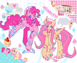 Size: 2048x1695 | Tagged: safe, artist:emoboy130, derpibooru import, angel bunny, fluttershy, pinkie pie, earth pony, pegasus, pony, rabbit, g4, :3, abstract background, alternative cutie mark placement, animal, blue eyes, bonnet, bow, cake, cake slice, cascading cutie mark, collage, colored hooves, colored pinnae, cupcake, curly hair, curly mane, curly tail, cute, diapinkes, drink, duo focus, ear fluff, ear piercing, earring, ears, eye clipping through hair, eyelashes, fangs, female, folded wings, food, frown, grid background, hat, head turn, headwear, helix piercing, hoof polish, hooves, jewelry, leg markings, long legs, long mane, long tail, mare, mixed media, my melody, nail polish, one eye closed, open mouth, open smile, piercing, pink coat, pink hooves, pink mane, pink tail, raised hoof, raised leg, ribbon, sanrio, shiny hooves, shyabetes, signature, smiling, speech bubble, spoken heart, standing, strawberry, striped mane, striped tail, tail, tail accessory, tail bow, teal eyes, three toned mane, three toned tail, wavy mane, wavy tail, wing markings, wings, yellow coat