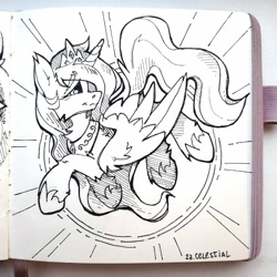 Size: 2560x2560 | Tagged: safe, artist:lilacclime, derpibooru import, princess celestia, alicorn, pony, g4, black and white, crown, female, grayscale, inktober 2023, jewelry, mare, monochrome, peytral, regalia, royalty, solo