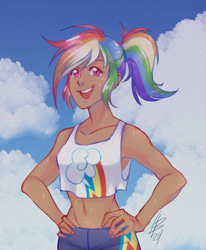 Size: 1400x1700 | Tagged: safe, artist:mundeestar, derpibooru import, rainbow dash, human, g4, athlete, bare shoulders, clothes, cutie mark on clothes, female, hand on hip, humanized, multicolored hair, open mouth, open smile, outdoors, ponytail, rainbow hair, shorts, signature, sleeveless, smiling, solo, sports shorts, sweat, tan skin, tanktop