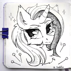 Size: 2560x2560 | Tagged: safe, artist:lilacclime, derpibooru import, sassy saddles, pony, unicorn, g4, black and white, bust, chest fluff, eyelashes, female, grayscale, horn, inktober 2023, mare, monochrome, portrait, solo, traditional art