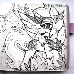 Size: 2992x2992 | Tagged: safe, artist:lilacclime, derpibooru import, daybreaker, alicorn, pony, g4, alter ego, black and white, crown, fangs, female, grayscale, inktober 2023, jewelry, mane of fire, mare, monochrome, peytral, regalia, royalty, slit eyes, sun