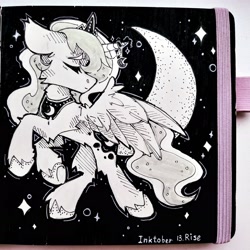 Size: 2992x2992 | Tagged: safe, artist:lilacclime, derpibooru import, princess luna, alicorn, pony, g4, black and white, crescent moon, ethereal mane, eyes closed, female, grayscale, inktober 2023, jewelry, mare, monochrome, moon, peytral, royalty, solo, spread wings, starry mane, starry tail, stars, tail, wings