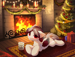 Size: 4502x3443 | Tagged: safe, artist:empress-twilight, derpibooru import, oc, oc only, oc:cirrus sky, pegasus, pony, unicorn, bangs, butt fluff, candle, carpet, cheek fluff, chest fluff, chocolate, christmas, christmas tree, colored pupils, colored wings, colored wingtips, commission, detailed background, ear fluff, ears, empress, eye clipping through hair, eyebrows, eyebrows visible through hair, fire, fireplace, folded wings, food, gray wingtips, hearth's warming, high res, hock fluff, holiday, hot chocolate, indoors, leg fluff, looking at you, lying down, male, male oc, marshmallow, pegasus oc, present, prone, red eyes, red pupils, red wings, rug, shiny mane, shiny tail, smiling, smiling at you, solo, stallion, stallion oc, three toned mane, three toned tail, three toned wings, tree, unicorn oc, white coat, wings, wreath, ych result