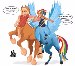 Size: 2048x1803 | Tagged: safe, artist:inkrred, derpibooru import, applejack, rainbow dash, centaur, human, taur, g4, arm freckles, breasts, centaurified, clothes, dialogue, duo, duo female, eared humanization, female, freckles, grin, horse ears, humanized, leg wraps, light skin, mare, pegataur, plaid shirt, ponytail, rearing, shirt, simple background, smiling, species swap, speech bubble, spread wings, tan skin, tanktop, white background, wings