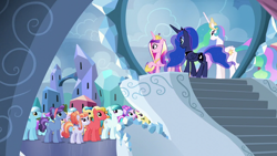 Size: 1280x720 | Tagged: safe, derpibooru import, screencap, amethyst maresbury, amethyst shard, atticus, crystal arrow, crystal beau, fleur de verre, golden väs, ivory, ivory rook, night knight, princess cadance, princess celestia, princess luna, sapphire joy, alicorn, crystal pony, pony, g4, the crystalling, butt, crystal empire, crystal varado, ethereal mane, ethereal tail, golden hooves (g4), long mane, long tail, my little pony: friendship is magic, plot, slender, sugar glass, tail, thin