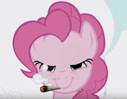 Size: 1130x882 | Tagged: safe, derpibooru import, edit, edited screencap, screencap, pinkie pie, earth pony, pony, g4, griffon the brush off, cloud, cropped, drugs, female, lidded eyes, mare, marijuana, my little pony: friendship is magic, smiling, solo