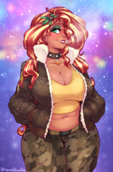 Size: 1323x2000 | Tagged: safe, artist:drizziedoodles, derpibooru import, sunset shimmer, human, g4, belly, belly button, belly piercing, big breasts, blushing, boob freckles, breasts, camouflage, chest freckles, choker, cleavage, clothes, curvy, cutie mark on clothes, ear piercing, earring, eyebrow piercing, eyeshadow, female, freckles, hand in pocket, humanized, jacket, jewelry, lip piercing, lipstick, looking at you, makeup, mistleholly, necklace, nose piercing, piercing, smiling, smiling at you, snow, solo, studded choker, sunset jiggler, tan skin, thighs, thunder thighs, wide hips