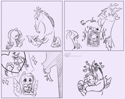 Size: 2040x1605 | Tagged: safe, artist:samsemogart, derpibooru import, discord, fluttershy, g4, 4 panel comic, art, artist, blushing, comic, drawing, heart, hisscord, hug, monochrome, paper, pencil drawing, sparkles, ta-da!, traditional art