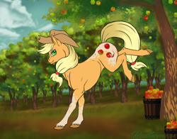 Size: 1462x1149 | Tagged: safe, artist:rossthren, derpibooru import, applejack, earth pony, pony, g4, apple, apple tree, applebucking, coat markings, female, full body, looking back, mare, orchard, outdoors, solo, tree, unshorn fetlocks