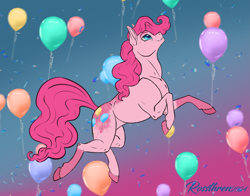 Size: 2023x1590 | Tagged: safe, artist:rossthren, derpibooru import, pinkie pie, earth pony, pony, g4, balloon, coat markings, looking up, signature, smiling, solo