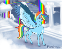 Size: 1720x1352 | Tagged: safe, artist:rossthren, derpibooru import, rainbow dash, pegasus, pony, g4, alternate cutie mark, alternate hairstyle, cloudsdale, colored wings, colored wingtips, female, looking at you, mare, multicolored wings, one eye closed, pale belly, signature, smiling, smiling at you, solo, spread wings, wings