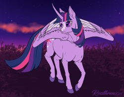 Size: 2023x1590 | Tagged: safe, artist:rossthren, derpibooru import, twilight sparkle, twilight sparkle (alicorn), alicorn, pony, g4, bipedal, blaze (coat marking), coat markings, colored wings, colored wingtips, curved horn, facial markings, female, horn, mare, outdoors, solo, sunset, wings