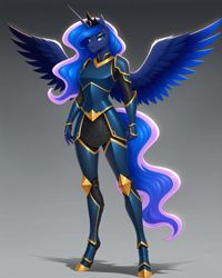 Size: 1920x2400 | Tagged: safe, ai content, derpibooru import, princess luna, alicorn, anthro, unguligrade anthro, g4, ai composition, armor, chainmail, colored wings, ethereal hair, ethereal tail, ethereal wings, female, horn, looking at you, plate armor, prompter:aiboi, scale armor, simple background, smiling, smirk, solo, spread wings, tail, wings