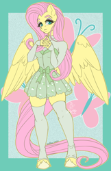 Size: 792x1224 | Tagged: safe, artist:inkkeystudios, derpibooru import, fluttershy, anthro, pegasus, unguligrade anthro, g4, clothes, colored hooves, cutie mark background, dress, eyeshadow, female, hands together, hooves, makeup, painted nails, signature, socks, solo, thigh highs, unshorn fetlocks