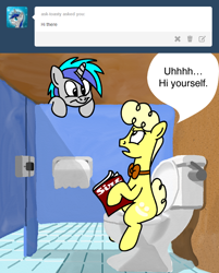 Size: 666x827 | Tagged: safe, artist:mod wit, derpibooru import, oc, oc only, oc:bananas wit, pony, ask, askbananaswit, bathroom, bathroom stall, but why, do you mind, indoors, magazine, peering, privacy, sitting, sitting on toilet, tile, tiled floor, toilet, toilet humor, toilet paper, tumblr