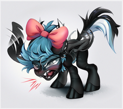 Size: 2863x2536 | Tagged: safe, artist:mithriss, derpibooru import, oc, oc only, bat pony, pony, bow, chibi, clothes, evil, fangs, male, solo, stallion, wings