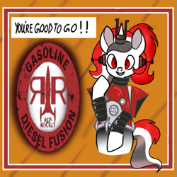 Size: 507x507 | Tagged: safe, artist:wh189, derpibooru import, oc, oc:red rocket, robot, unicorn, fallout equestria, advertisement, clothes, costume, fallout, horn, looking at you, unicorn oc