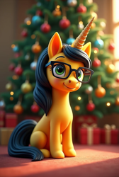 Size: 688x1024 | Tagged: safe, ai content, derpibooru import, machine learning generated, oc, oc only, oc:bitter sweetness, pony, unicorn, christmas, christmas tree, holiday, horn, indoors, merry christmas, prompter:bitter sweetness, solo, tree