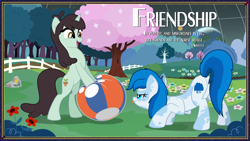 Size: 3840x2160 | Tagged: safe, artist:facelessjr, derpibooru import, sprout greenhoof, oc, oc:fallen oakley, earth pony, unicorn, art pack:nuclear neighs and deco days, g4, ball, bipedal, crouching, detailed background, earth, excited, female, females only, fence, flower, framed picture, grass, happy, hill, horn, las pegasus resident, meadow, mlem, narrowed eyes, nature, planet, playing, quote, show accurate, silly, space, space station, stars, sun, tail, text, tongue, tongue out, tree