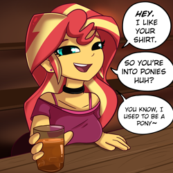 Size: 1500x1500 | Tagged: safe, artist:tjpones, derpibooru import, sunset shimmer, human, equestria girls, g4, alcohol, big breasts, breast rest, breasts, bronybait, choker, dialogue, drink, female, flirting, glass, indoors, looking at you, narrowed eyes, open mouth, open smile, smiling, smiling at you, solo, speech bubble, sunset jiggler, talking to viewer