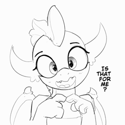 Size: 1593x1599 | Tagged: safe, artist:pabbley, derpibooru import, smolder, dragon, g4, black and white, bust, cute, dialogue, dragoness, fangs, female, grayscale, monochrome, simple background, smolderbetes, solo, talking to viewer, white background