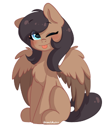 Size: 1000x1200 | Tagged: safe, artist:cottonsweets, derpibooru import, oc, oc only, oc:quillwright, pegasus, fallout equestria, fallout equestria: of shadows, :p, blushing, chest fluff, eyebrows, eyebrows visible through hair, female, one eye closed, simple background, sitting, solo, tongue, tongue out, transparent background, wink