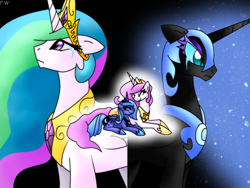 Size: 1154x870 | Tagged: safe, artist:faith-wolff, derpibooru import, nightmare moon, princess celestia, princess luna, alicorn, pony, g4, 2011, black background, crying, female, jewelry, mare, pink-mane celestia, regalia, royal sisters, s1 luna, sad, siblings, simple background, sisters