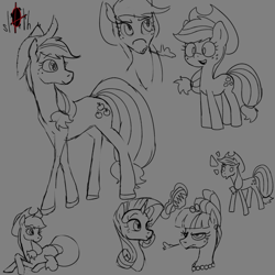 Size: 1155x1155 | Tagged: safe, artist:this_sl0th, derpibooru import, applejack, rarity, earth pony, pony, unicorn, g4, applejack's hat, breath, bust, clothes, comb, cowboy hat, emanata, female, freckles, gray background, grayscale, hat, horn, levitation, magic, magic aura, mare, monochrome, simple background, sketch, sketch dump, solo, telekinesis, thin