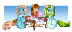 Size: 6800x3000 | Tagged: safe, artist:madelinne, derpibooru import, oc, oc only, oc:nova star, oc:sweet bear, oc:thunder burst, pegasus, pony, unicorn, cake, cup, eating, food, horn, pegasus oc, talking, tea, teacup, teapot, trio, unicorn oc