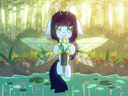 Size: 800x600 | Tagged: safe, artist:rangelost, derpibooru import, oc, oc only, oc:tsu-ko, original species, cyoa, cyoa:d20 pony, digital art, hairpin, looking at you, offscreen character, outdoors, pixel art, pond, pov, smiling, solo, story included, water