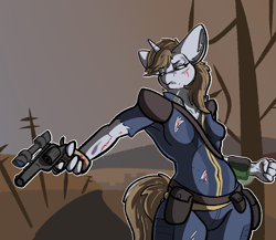 Size: 1254x1087 | Tagged: safe, artist:pen-and-paper, derpibooru import, oc, oc:littlepip, anthro, unicorn, fallout equestria, angry, blood, bruised, clothes, female, gun, handgun, horn, injured, jumpsuit, little macintosh, outdoors, outline, pointing, revolver, scowl, solo, torn clothes, vault suit, weapon