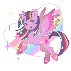 Size: 1000x1000 | Tagged: safe, artist:青苔上石, derpibooru import, twilight sparkle, twilight sparkle (alicorn), alicorn, pony, :d, blushing, female, full body, heart, mare, open mouth, open smile, rainbow, rainbow power, simple background, smiling, solo, sparkles, spread wings, white background, wings