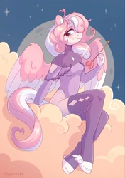 Size: 1438x2048 | Tagged: safe, artist:skysorbett, derpibooru import, oc, oc only, anthro, pegasus, arrow, clothes, cloud, female, hooves, horns, looking at you, moon, sitting, sky, smiling, smiling at you, solo, stars, winged hooves, wings