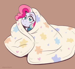 Size: 2176x2000 | Tagged: safe, artist:skysorbett, derpibooru import, oc, oc only, oc:sky sorbet, pony, blanket, blanket burrito, colored sketch, female, looking at you, mare, simple background, sketch, solo