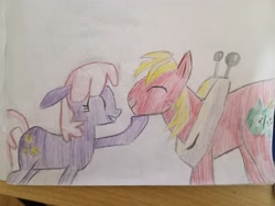 Size: 4096x3072 | Tagged: safe, artist:victoric1993, derpibooru import, big macintosh, cheerilee, earth pony, pony, g4, season 2, cheerimac, colored pencil drawing, eyes closed, female, hearts and hooves day, male, mare, my little pony: friendship is magic, pencil drawing, shipping, stallion, straight, traditional art