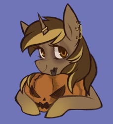 Size: 916x1004 | Tagged: safe, artist:mel, derpibooru import, oc, oc only, oc:skivvy, pony, unicorn, blue background, ear piercing, halloween, horn, horn ring, piercing, pumpkin, pumpkin carving, ring, simple background, solo, unicorn oc