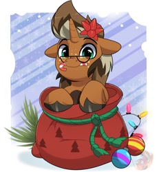 Size: 1822x1999 | Tagged: safe, artist:joaothejohn, derpibooru import, oc, oc only, oc:macchiato, pony, unicorn, candy, candy cane, christmas, christmas lights, commission, cute, ears, floppy ears, food, glasses, holiday, horn, looking at you, passepartout, santa sack, text, unicorn oc, ych result