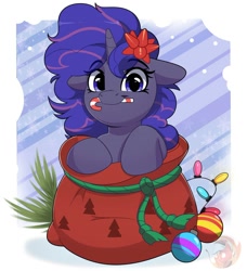 Size: 1822x1999 | Tagged: safe, artist:joaothejohn, derpibooru import, oc, oc only, oc:mystic brew, pony, unicorn, candy, candy cane, christmas, christmas lights, commission, cute, ears, floppy ears, food, holiday, horn, looking at you, passepartout, santa sack, text, unicorn oc, ych result, your character here