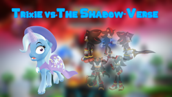 Size: 1240x698 | Tagged: safe, artist:puzzlshield2, derpibooru import, trixie, hedgehog, pony, unicorn, g4, 3d, cape, clothes, crossover, fanfic, fanfic art, fanfic cover, female, fimfiction, hat, horn, magic, mmd, multiverse, render, shadow the hedgehog, shrunken pupils, sonic and the black knight, sonic boom, sonic the hedgehog (film), sonic the hedgehog (series), sonic x shadow generations, story in the source, trixie's cape, trixie's hat