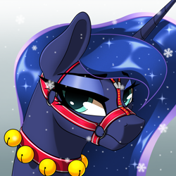 Size: 2048x2048 | Tagged: safe, artist:theuser, derpibooru import, princess luna, alicorn, pony, g4, bust, commission, snow, snowflake, solo, tack, unamused, ych result