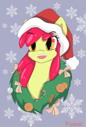 Size: 1305x1920 | Tagged: safe, artist:yumir, derpibooru import, apple bloom, orange slice, earth pony, pony, g4, bow, bust, candy, candy cane, christmas, female, filly, foal, food, happy new year, hat, holiday, new year, open mouth, patterned background, santa hat, snow, snowflake, wreath