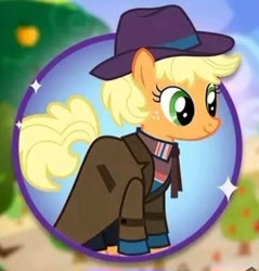 Size: 280x293 | Tagged: safe, derpibooru import, applejack, earth pony, pony, g4, alternate hairstyle, applesass, cute, detective, fedora, jackabetes, jumper, needs more jpeg, short hair, trenchcoat