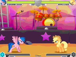 Size: 993x744 | Tagged: safe, artist:tom artista, derpibooru import, applejack, firefly, rainbow dash, earth pony, pegasus, pony, g4, bipedal, bright, colored, colorful, crossover, drums, fan game, game screencap, light, musical instrument, new, stars