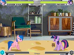 Size: 993x745 | Tagged: safe, artist:tom artista, derpibooru import, firefly, rainbow dash, pegasus, pony, unicorn, fighting is magic, g4, bipedal, book, cabinet, chair, cheese, decoration, detailed, detailed background, fan game, food, game screencap, horn, indoors, magic, mat, new, ornament, plant, recolor, stage, telekinesis, wall