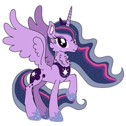 Size: 640x640 | Tagged: safe, artist:saturaed_acidity, derpibooru import, princess luna, twilight sparkle, twilight sparkle (alicorn), alicorn, pony, g4, cheek fluff, concave belly, crown, ear fluff, ears, ethereal mane, eyeshadow, female, hoof shoes, jewelry, makeup, mare, neck fluff, palette swap, peytral, princess shoes, raised hoof, raised leg, recolor, regalia, simple background, slender, smiling, solo, sparkling, sparkling mane, spread wings, thin, white background, wings