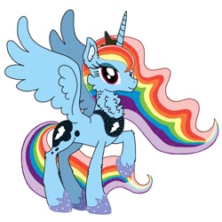 Size: 640x640 | Tagged: safe, artist:saturaed_acidity, derpibooru import, princess luna, rainbow dash, alicorn, pony, g4, alicornified, cheek fluff, concave belly, crown, ear fluff, ears, ethereal mane, eyeshadow, female, hoof shoes, jewelry, makeup, mare, neck fluff, palette swap, peytral, princess shoes, race swap, rainbowcorn, raised hoof, raised leg, recolor, regalia, simple background, slender, smiling, solo, sparkling, sparkling mane, spread wings, thin, white background, wings