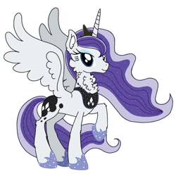 Size: 640x640 | Tagged: safe, artist:saturaed_acidity, derpibooru import, princess luna, rarity, alicorn, pony, g4, alicornified, cheek fluff, concave belly, crown, ear fluff, ears, ethereal mane, eyeshadow, female, hoof shoes, jewelry, makeup, mare, neck fluff, palette swap, peytral, princess shoes, race swap, raised hoof, raised leg, raricorn, recolor, regalia, simple background, slender, smiling, solo, sparkling, sparkling mane, spread wings, thin, white background, wings