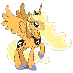 Size: 640x640 | Tagged: safe, artist:saturaed_acidity, derpibooru import, applejack, princess luna, alicorn, pony, g4, alicornified, applecorn, cheek fluff, concave belly, crown, ear fluff, ears, ethereal mane, eyeshadow, female, freckles, hoof shoes, jewelry, makeup, mare, neck fluff, palette swap, peytral, princess shoes, race swap, raised hoof, raised leg, recolor, regalia, simple background, slender, smiling, solo, sparkling, sparkling mane, spread wings, thin, white background, wings